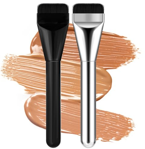 2 PCS Foundation Brush Flat Korean Makeup Brush Spatula Flat Top Facial Brushes for Liquid Foundations Mask Premium Face Brushes for Blending Cream (Black Silver)
