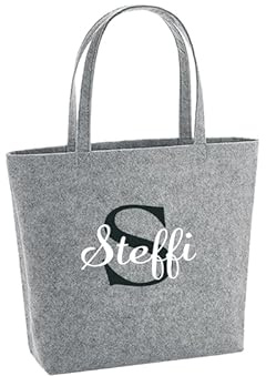 WriteFusion Personlig filtväska med initialer och namn – stor bokstav & önskat namn tryckt hållbar presentväska filtpåse shoppingväska strandväska, GRÅ, 39cm x 49cm x 13,5