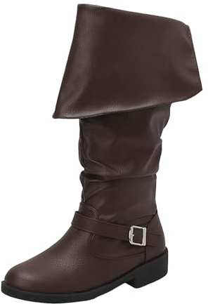 Xbemkste Stivali da donna medio-alti con fibbia a risvolto, punta rotonda in pelle, stivali lunghi a metà gambo, eleganti da donna, impermeabili, marrone, 40 EU