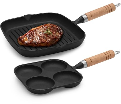 KATLKIU Poêle Grill 23×23 cm + Poêle 4 Compartiments – Set 2 Pièces en Fonte d’Aluminium Épaisse, Revêtement Antiadhésif Durable avec Manche en Bois pour Steaks, Œufs et Pancakes