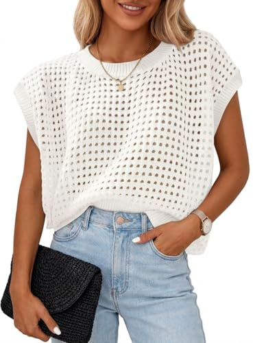 Chicrise Haut en maille pour femme - Col rond - Maille creuse - Grande taille - Manches chauve-souris - Crochet - Pull d'été décontracté, Blanc., XXL