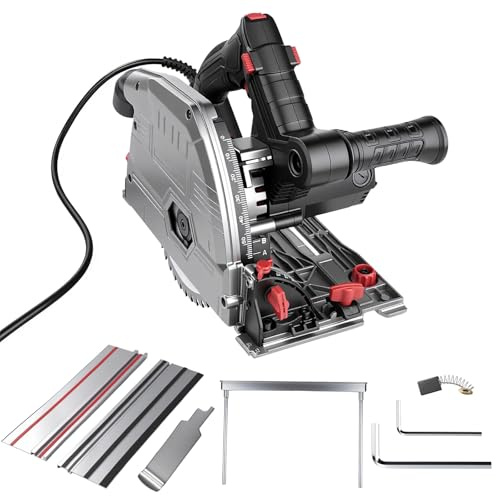 Scie plongeante avec 2 rails de guidage de 700 mm, scie circulaire 1200 W, profondeur de coupe 57 mm, coupes en biseau de 0 à 45°, Lame Ø160mm 40 dents, pour bois dur, contreplaqué, stratifié