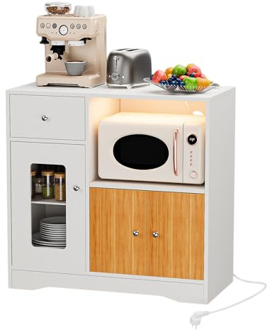 Urhause Credenza angolare con stazione di ricarica (2 AC/2 USB), credenza da cucina in legno, un cassetto, due ante, scomparto per microonde, armadio a buffet con illuminazione per cucina e soggiorno