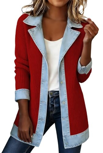 Blazer Femme Denim Patchwork Cardigan avec col en jean Bloc de couleur Casual T-shirt à manches longues Décontracté Veste en jean Mode Vestes à manches longues Haut en tricot flatteur Pull de loisirs