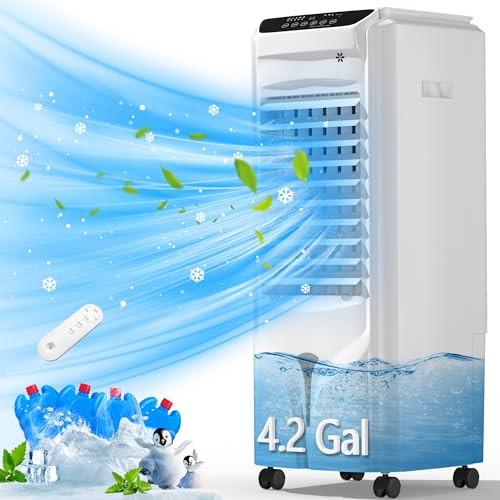 Swamp Cooler, 1800 CFM Windowless Portable Air Conditioners with 4.2 Gal Water Tank, 120° Swing,12H Timer,3 Modes & 3 Speeds,4 Ice Packs, Evaporative Air Cooler for Room,Bedroom,Office,Crystal White