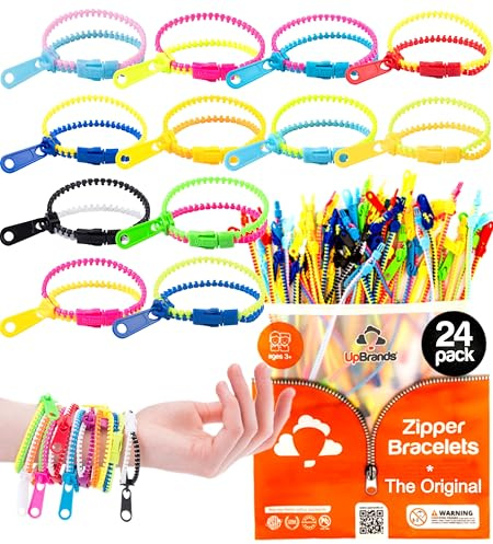 UpBrands 24 Fidget Toys Zipper Bracelets 7.5 Inches, Easter Basket Stuffers, Sensory Toys Bulk Set, Neon Colors, Kit for Birthday, Party Favors for Kids, Easter Egg Fillers