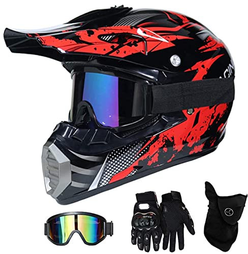 QYTK® Enduro Crosshelm Kinder, Full Face Motocross Helm Gelb Motorradhelm Zubehör mit Brille Maske Handschuhe Helmhaken für Motorrad Junge Downhill MX MTB ATV,XL(58~59CM)