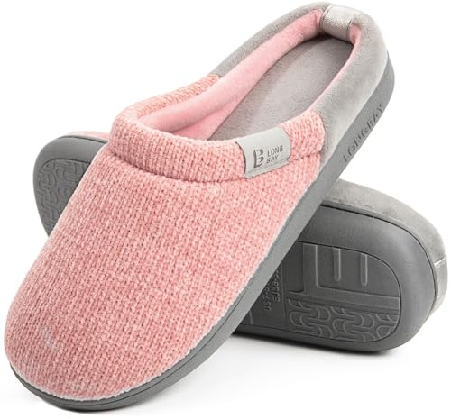 LongBay Ladies' Chenille Knit Slippers Comfort Memory foam Slip on House Shoes(5-6UK,Pink)