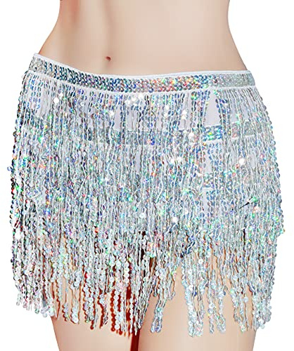 SUMERSHA Belly Dance Hip Scarf Sequin Tassel Skirt Sparkly Fringe Skirt Wrap Halloween Costume Party Rave Clothing, Silver