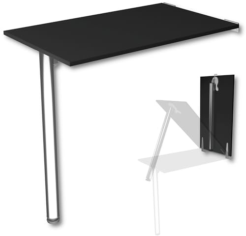KDR Produktgestaltung Wandklapptisch Schreibtisch Tischplatte 80x50 cm in Schwarz Klapptisch Esstisch Küchentisch für die Wand Höhe Tisch 74 cm zur Wandmontage mit Tischbein klappbar