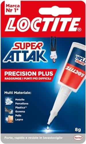 Loctite Super Attak Precision Plus, Colla liquida trasparente con beccuccio extra lungo, Colla attaccatutto forte multimateriale, Adesivo resistente e preciso, 1x8g