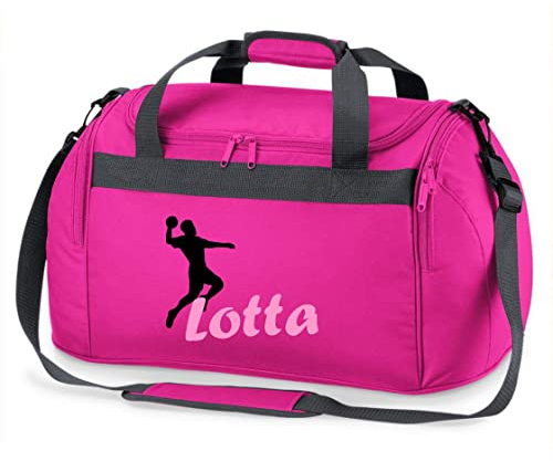Sporttasche mit Namen Bedruckt für Kinder | Personalisierbar mit Motiv Handball | Reisetasche Duffle Bag für Mädchen und Jungen | Handballspieler Sport (pink)
