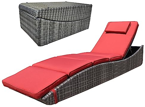 BTEXPERT Foldable Outdoor Chaise Pool Lounge Chair Folding Wicker Rattan Sun Bed Patio Couch Reclining Lounger Adjustable Padded Backrest Pillow Assembled - Red Burgundy