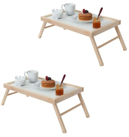 Set 2 Tavolini da Letto Pieghevole, Vassoio da Poltrona, Colazione, Pieghevole in Legno Faggio, Gambe Ripiegabili, 33x50x21.5hcm (Naturale)