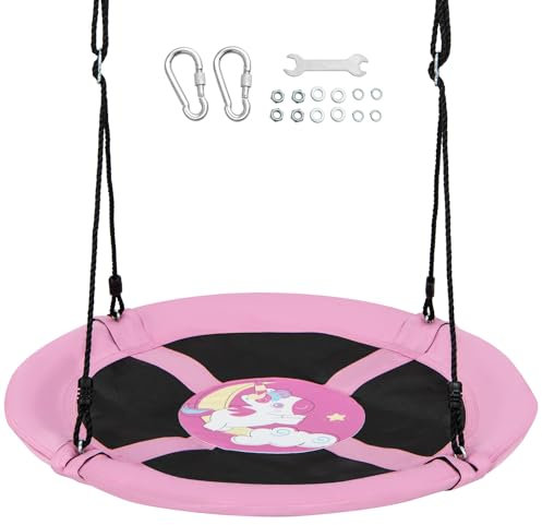 DREAMADE Balançoire Nid d’Oiseau Enfant Ø102CM avec Motif Dessin Animé,Balançoire Soucoupe d'arbre avec Hauteur Réglable 118-173CM,Siège Suspendu Imperméable Charge 100KG(Licorne)