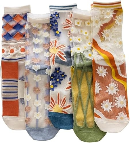 VIDSTW 5 Paires Chaussettes Transparentes Femme Socquettes Femme Transparents Fantaisie Fleur à Motifs Dentelle Cheville Pure Maille Eté Tites Chaussettes Soie Mince Mode Chaussette Basse (A)