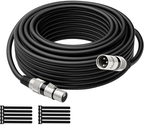 Mygatti Cable XLR para micrófono, 40 m, color negro, macho a hembra, apantallado de 3 pines, cable de conexión DMX, con supresión EMI y RFI, compatible con amplificadores, altavoces+10 bridas
