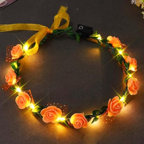 Fashband Diademas de corona de flores con luces LED, coronas de pelo floral, corona de festival, tocado de fiesta de Halloween para mujer (naranja)