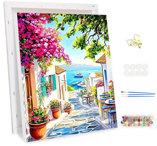 MEIYUDA Pintar por Numeros Adultos con Marco Vistas al Mar, DIY Cuadro al óleo con Números para Flores, Kit de Pintura al óleo Digital para Adultos de Lienzo, Decoración para el Hogar 30x40cm