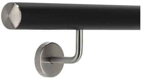 TIBU Handlauf Aluminium Schwarz 30-600cm Wandhandlauf Treppe gewinkelte Edelstahlhalter, Länge 190 cm mit 2 Halter und leicht gewölbte Kappe