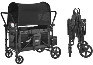 VEVOR Cochecito Plegable para 4 Niños, Acero al Carbono, con Asa Ajustable, Arnés de Seguridad y Capota Extraíble, 4 Plazas, para Camping, Gris Oscuro y Negro(Carga 150 kg), 1650 x 725 x 1250 mm