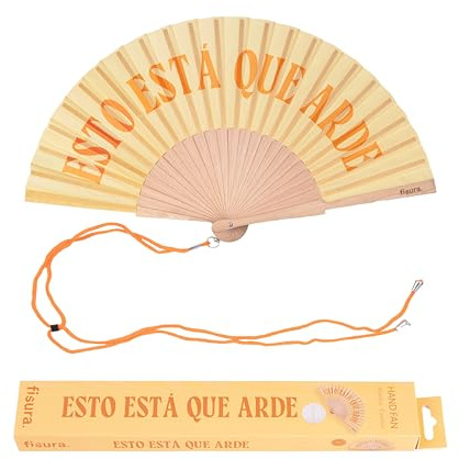 Fisura – Abanico original con mensaje “está que arde”. Abanico de madera moderno y colorido. Ventilador de mano amarillo. Colgador incluido. Medidas: 42,5 x 23 cm