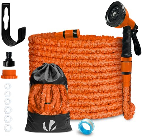 VOUNOT® Tubo Irrigazione Estensibile 15m, Tubo Flessibile da Giardino con Pistola a Spruzzo d'Acqua 10 Funzioni, Connettore 1/2 e 3/4 e Gancio e Organizer Inclusi, Arancione