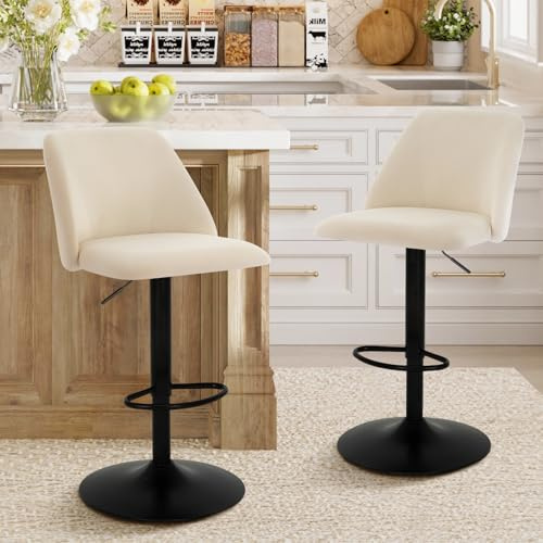COLAMY Breakfast Bar Stools Set of 2, Modern Swivel Kitchen Stool, Adjustable Upholstered Barstools Counter Height with Square Open Back for Bar Kitchen Island, Dining Room, Beige