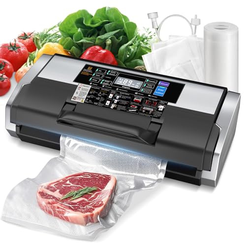 95 kPa Vacuum Sealer Machine, Food Vacuum Sealer with Double Heat Seal 230W 10-In-1 Multi Modes Food Sealer Vac Pack Machine Set with Cutter, 1 Bag Roll & 15 Precut Bags and Accessory Hose