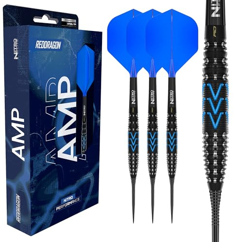 Röd DRAGON Darts – AMP-serien – 90 % volfram professionell dartpilar – NitroFlite integrerad flyg/schack, dartflygningar och skaft | Dart pilar steeldarts 20 g, 21 g, 23 g, 24 g och 26 g | mjuk spets