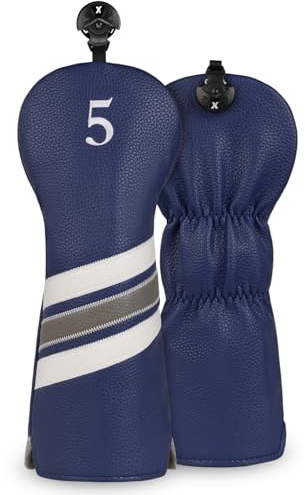 Golf Club Head covers Fairway Wood FW5 with Interchangeable Number Tag 3457X Elastic Closure Navy Blue PU Leather