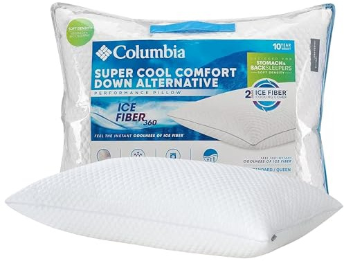 Columbia Comfort Ice Fiber Back & Stomach Sleeper Down Alternative Bed Pillow with Polyester Fiberfill, Supportive Cooling Double Sided Breathable Cover - Standard/Queen, Pack of 1