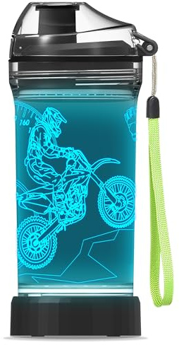 YuanDian Light Up Kids Water Bottle with 3D Dirt Bike Design- 14 OZ Tritan BPA Free Eco-Friendly - Cool Drinking Cups Gift for School Kids Boy Child Motocross Rider