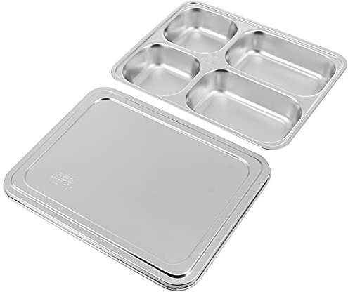 Edelstahl Teller Mit Unterteilung 4 FäCher Serviertablett FüR Erwachsene Und Kinder Ideal FüR Mittagessen Picknick Und Camping Mit Edelstahl Deckel