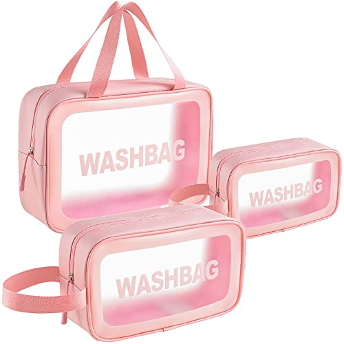 LEcylankEr Trousse de Toilette Femme Transparente Set, 3PCS Trousse de Toilette Voyage, Impermeable Trousse de Maquillage Femme pour Valise Avion et Plage Accessoires (Rose)