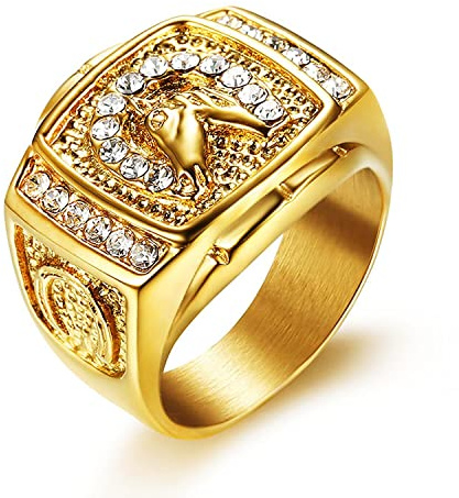 LAIMIUMIU33 Lucky Horseshoe Ring for men CZ Horse Head Ring Radiant Diamond Bling Biker 316 Stainless Steel Rings Iced Out Jewelry Punk Ring Hip Hop Heavy Metal Ring Vintage Animal rings mens fashion rings
