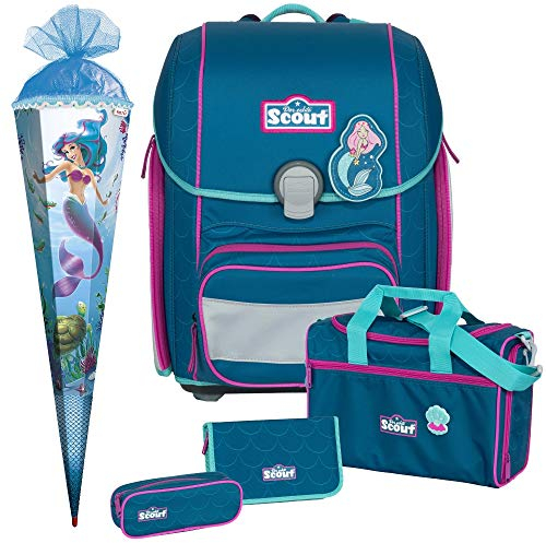 Mermaid - Meerjungfrau - Scout Genius mit Funny Snaps Schulranzen-Set 5tlg. - SCHULTÜTE GRATIS DAZU, Petrol, Größe: B 31 x H 40 x T 22 cm