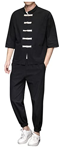 Caxndycing Kung Fu Herren Leinen Anzug Einfarbig Traditionelle Chinesische Kampfkunst Tai Chi Qigong Wing Chun Shaolin Wushu Lange Ärmel Training Freizeit Kleidung Uniform Jacke Hose