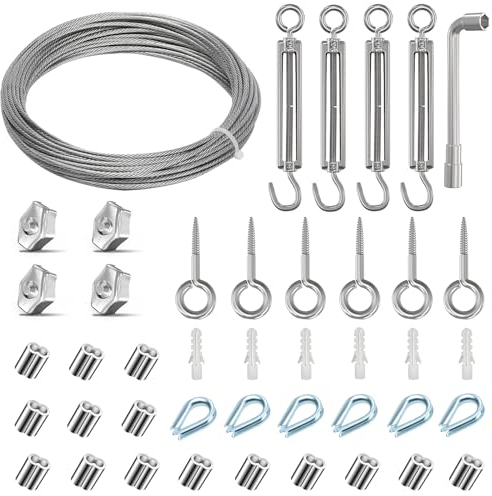 Angooni 𝗩𝗲𝗿𝗱𝗶𝗰𝗸𝘁 𝟯 𝗺𝗺 Drahtseil, 𝗠𝟱 𝗘𝗱𝗲𝗹𝘀𝘁𝗮𝗵𝗹 Spannschloss Seilspanner, M5 Wandhaken, Stahlseil Set mit ösen, Rankhilfen für Kletterpflanzen, Gardinenseil, Zaun