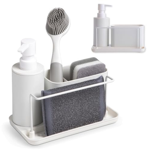 Kook Time - Dispensador Jabón Cocina plástico Blanco Mate - Organizador de Fregadero con Compartimento para Estropajo y cepillos y Soporte para bayeta - dosificador jabon Cocina - 21x12x19 cm.