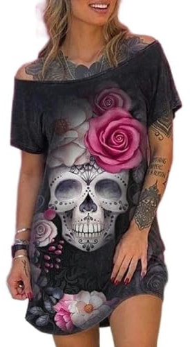 WEITING Robe européenne et américaine de Grande Taille, Robe pour Femme à Manches Courtes avec imprimé tête de Mort à épaules inclinées à la Mode et Sexy-Noir-S