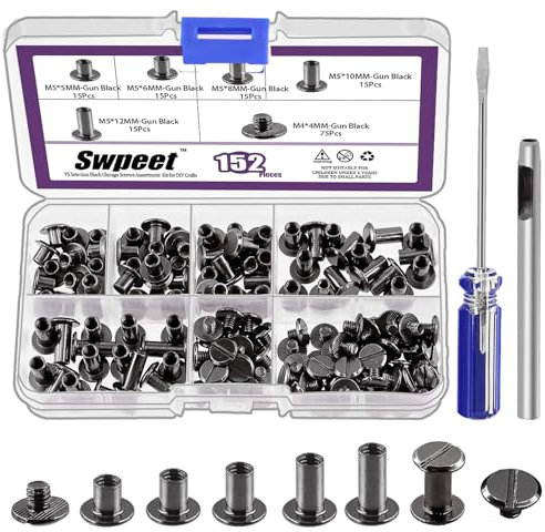 Swpeet 152 viti M5 x 5 mm, 6 mm, 8 mm, 10 mm, 12 mm, rivetti in pelle assortiti con perforatore e cacciavite, viti rotonde a testa piatta per fai da te, artigianato in pelle e rilegatura di libri
