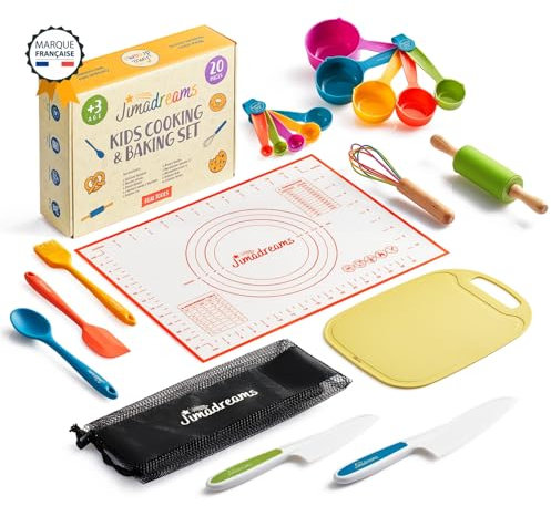 Jimadreams® Kit Cuisine Enfant Montessori 2 en 1 - Vrais Ustensiles & Couteaux Sécurisés sans BPA pour Cuisiner, Set Patisserie & Couteau Cuisine Enfant - Coffret Cadeau pour Petit Chef Dès 3 Ans