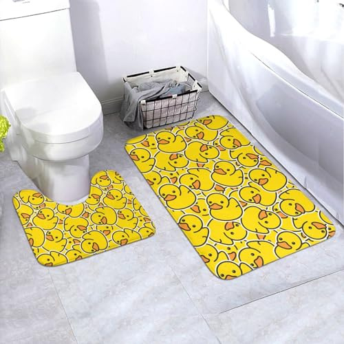 Jbofyee Cute Rubber Ducky 2 Piece Bathroom Rugs Set, Bath Mat + Toilet Contour Mat, Non-Slip Soft Microfiber Yellow Cartoon Ducks Bathmat for Tub Shower Room Decor, Machine Washable