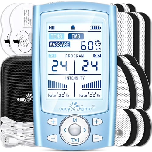 Easy@Home TENS Machine EMS: TENS Machine for Pain Relief Muscle Stimulator for Back Pain EMS | EMS Foot Massager | Back Massage Machine | Dual Channel 24 Modes 12 Pads Replacements