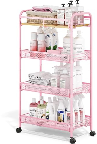 TOOLF 4-Tier Rolling Cart, Metal Utility Cart, Slide Out Storage Cart with Wooden Tabletop and Mesh Baskets, Easy Assemble Trolley for Kitchen Bathroom Laundry Room Bedroom Apartments Dormitory