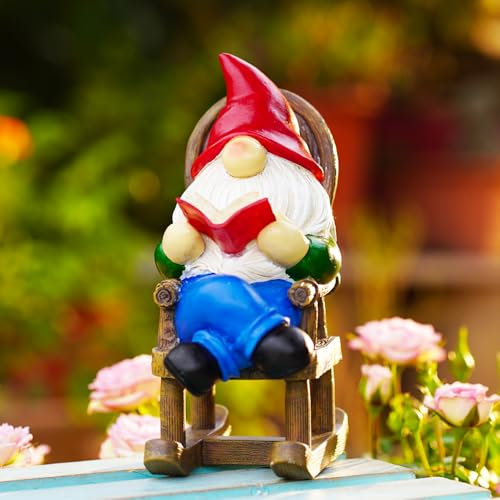 ​Solar-Powered LED Garden Light - Reading Gnome Statue with Book, Outdoor Decor for Patio, Yard & Lawn Ornaments, Solar Gnome Gifts for Adults​​