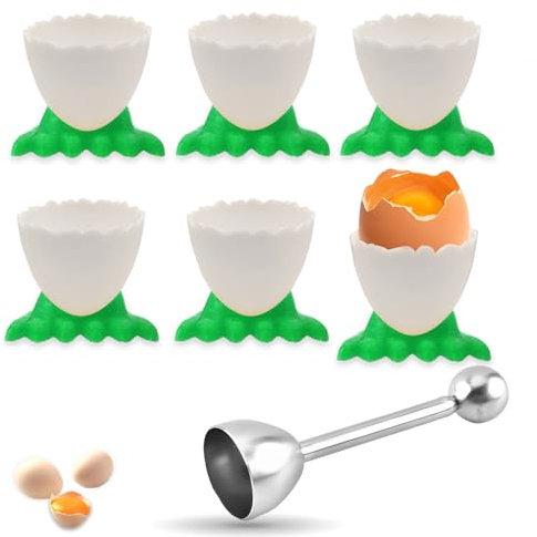 saijer Coquetiers,6 PCS Coquetier Oeuf Et 1 PC Ouvre Oeuf Tasses À Œufs Coquetier Original Blanc Oeuf Ensemble pour Craquer Et Séparer Coquille D'Œuf Petit Déjeuner Brunch Œuf Liqueur