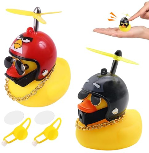 Jouets Canard Jaune Voiture Décoration 2 Pièce Canard Jouet Voiture Ornements Caoutchouc Canard Cool avec Casque à hélice et Bande de Fixation pour Décoration De Voiture Moto Vélo