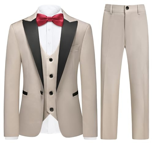 Rogers & Morris Boys Tuxedo Suit Formal Outfits Slim Fit 14 Solid Kids 5 Piece Suit Set Peak Lapel Tuxedo Jacket with Vest Pants & 2 Bowtie Kahki